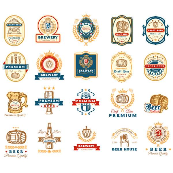 Vector collection of retro beer emblems, badges, stickers isolated on white